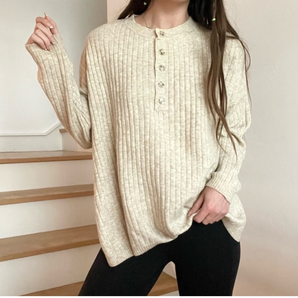 Zara Oversized Ribbed Cable Knit Sweater, Cream Beige Wool Blend, Size M
